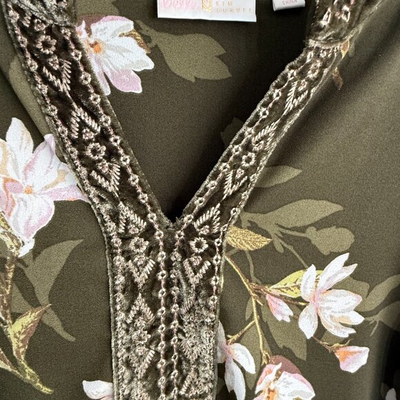 Belle Kim Gravel Women's Med Olive Green Boho VNeck Top w Velvet Trim and Cuff - Picture 4 of 8